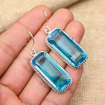Удивительный синий топаз, драгоценный камень, ювелирные серьги ручной работы из стерлингового серебра 925 пробы для женщин 2 Inches синий