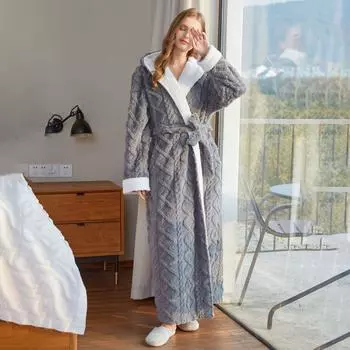 Удлиненная фланелевая жаккардовая ночная рубашка с капюшоном, женская утолщенная теплая парная пижама, халат XL синий