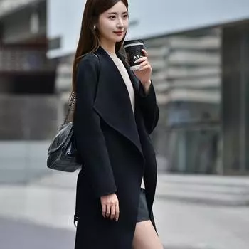 Удлиненное двустороннее шерстяное пальто женское новое осенне-зимнее с лацканами на талии S