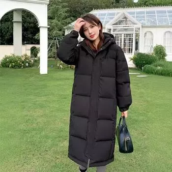 Удлиненные пуховики для мужчин и женщин на зиму 2024 года, новые пары играют выше колена, утолщенная белая куртка с капюшоном на утином пуху S size is suitable for 90 to 55 kg чёрный