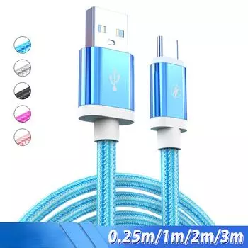 Удлиненный 10-футовый USB-кабель для зарядки с нейлоновой оплеткой для iPhone, Type-C и Micro USB, прочная и быстрая зарядка 0.25m for Android чёрный