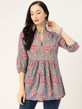 Удлиненный топ из чистого хлопка с бирюзовым принтом и воротником-стойкой XL бирюзовый