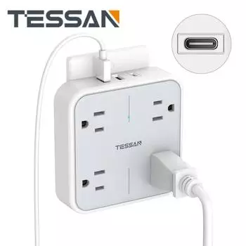 Удлинитель для нескольких розеток TESSAN с 4 розетками переменного тока и 3 USB (1 порт USB-C), Настенное зарядное устройство USB с несколькими разъемами и сетевым фильтром