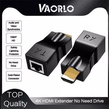 Удлинитель HDMI VAORLO 4K Расширение HDMI до 30 м Расширение 30 м по кабелю Ethernet UTP CAT5e / CAT6 Порты RJ45 Сеть LAN для ПК чёрный
