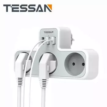 Удлинитель настенной розетки TESSAN EU с 3 розетками и 3 портами USB, несколькими вилками, удлинителем с защитой от перегрузки для дома 1 Outlets & 2 USB Ports серый