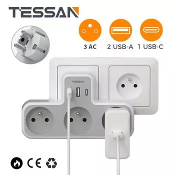Удлинитель настенной розетки TESSAN EU с 3 французскими розетками и 3 USB (1 USB-C), Удлинитель с несколькими вилками и защитой от перегрузки 3 Outlets & 3 USB-A серый