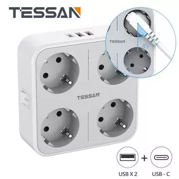 Удлинитель настенной розетки TESSAN с несколькими розетками, розетками переменного тока, 2/3 портами USB и адаптером удлинителя типа C, вилкой EU KR, зарядным устройством для дома
