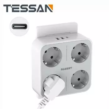 Удлинитель настенной розетки TESSAN с несколькими розетками, 4 розетками переменного тока, 2 портами USB и 1 адаптером типа C, вилкой европейского стандарта, зарядным устройством для дома
