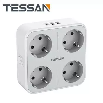 Удлинитель настенной розетки TESSAN с несколькими розетками, розетками переменного тока, портами USB и адаптером удлинителя типа C, EU KR, зарядным устройством для дома 1 Outlet & 2 USB Ports серый