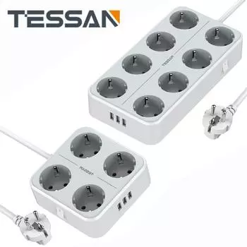 Удлинитель питания TESSAN EU с несколькими розетками, 4/6/8 розетками переменного тока, 3 USB-портами для зарядки и кабелем длиной 2 метра, с защитой от перегрузки 4 Outlets & 3 USB Ports серый