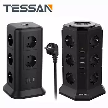 Удлинитель с несколькими розетками TESSAN, 11-контактная розетка в корпусе Tower (2500 Вт/10 А) с 3 USB-портами (5 В/3,1 А) и кабель 2,0 м для дома и офиса 3 Outlet & 3 USB Ports чёрный