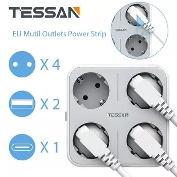 Удлинитель с несколькими розетками TESSAN EU KR, розетками переменного тока, 2/3 портами USB и типом C, зарядное устройство с электрической розеткой для дома
