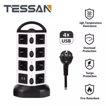 Удлинитель с несколькими вилками европейского стандарта, вертикальная розетка Tower с 6/10/14 розетками, 4 порта USB, независимые переключатели, удлинительный кабель 2 м