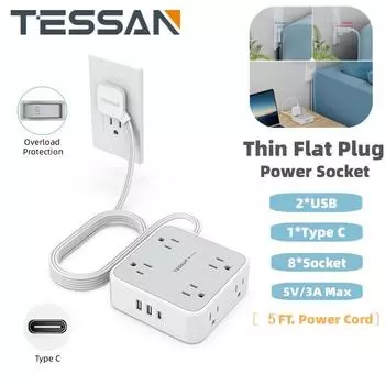 Удлинитель сетевого фильтра TESSAN с удлинителем длиной 5 футов, удлинитель 11 в 1 с 8 розетками переменного тока и 3 USB-портами (1 USB-C)