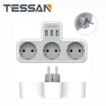 Удлинитель стандарта ЕС TESSAN, сетевой удлинитель с 1/3 розетками переменного тока и 2/3 USB-портами, 5 В, 2,4 А, настенная розетка с европейской вилкой, адаптер питания 1 Outlets & 2 USB Ports серый