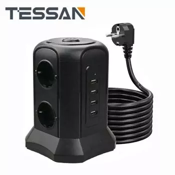 Удлинитель TESSAN Black Tower с защитой от вертикальной перегрузки с 6/8 розетками переменного тока, 3/4 портами USB, удлинителем 2 м (2500 Вт/10 А) для дома, офиса 8 Outlets 1Type-C 2 USB A чёрный