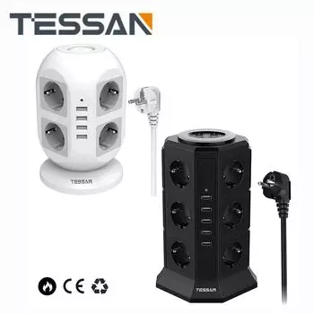 Удлинитель TESSAN Home Tower с 3/8/12 розетками переменного тока и 3/4/5 USB-портами для зарядки, удлинитель 2 м, адаптер питания с розеткой европейского стандарта