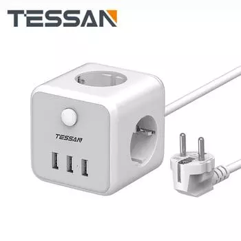 Удлинитель TESSAN Multi Socket Cube с французскими розетками 3/6 и 3 USB, электрическая многоконтактная розетка 9-в-1 с переключателем и кабелем длиной 2 м 3 Outlets & 3 USB Ports серый
