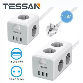 Удлинитель TESSAN Multi Socket Cube с розетками 3/6 и 3 USB, электрической розеткой на несколько розеток с переключателем и кабелем 1,5 м/2 м