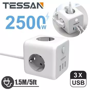 Удлинитель TESSAN Multi Socket Cube с розетками 3/6 и 3 USB, несколькими розетками с переключателем и кабелем длиной 1,5/2 м