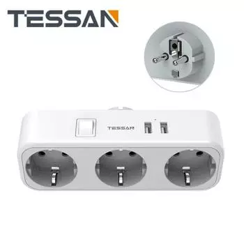 Удлинитель TESSAN с несколькими европейскими розетками, 2/3 розетками переменного тока и 2/3 портами USB, настенная розетка, адаптер для зарядного устройства с вилкой европейского стандарта