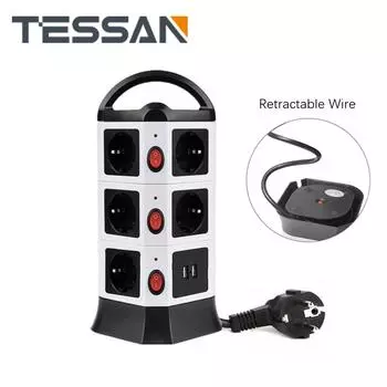 Удлинитель TESSAN с несколькими ответвлениями, вилка EU KR, вертикальная розетка Tower с розетками переменного тока, USB-порты, независимые переключатели, удлинительный кабель 2 м