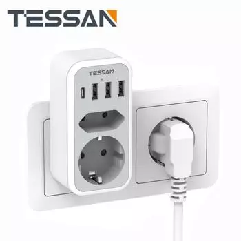 Удлинитель TESSAN с несколькими розетками, 2 розетками переменного тока, 1 портом типа C, 3 USB A, вертикальным адаптером-удлинителем европейского стандарта для дома 2 Outlets & 4 USB Ports серый