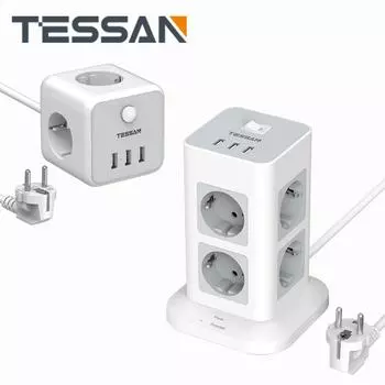 Удлинитель TESSAN с несколькими розетками, 8 розетками переменного тока и 3 портами USB, розеткой-удлинителем с переключателем для дома и офиса