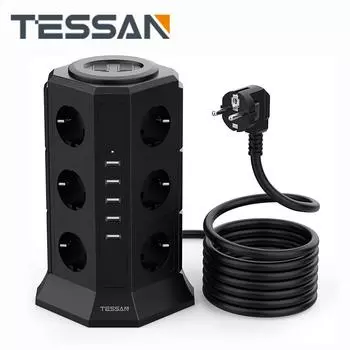 Удлинитель TESSAN с несколькими розетками и 11/12 розетками, 3/5 USB-портами, удлинительная розетка европейского стандарта с кабелем длиной 2 м, переключатель защиты от перегрузки для дома, офиса