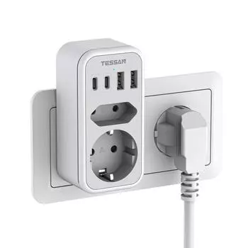 Удлинитель TESSAN с несколькими розетками переменного тока, 2 порта типа C, 2 порта USB A, вертикальный удлинитель для розетки европейского стандарта для дома 2 Outlets & 4 USB Ports серый