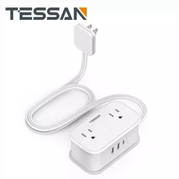 Удлинитель TESSAN с плоской вилкой, 3 фута, 4 розетками переменного тока и 3 USB-разъемами(1 USB-C), Портативный удлинитель 7 в 1 для дома и путешествий