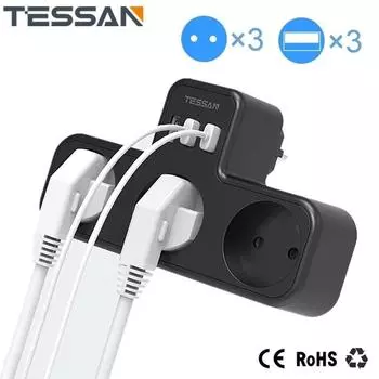 Удлинитель TESSAN с вилкой европейского стандарта, 3 розетками и 3 USB-портами для зарядки, несколькими адаптерами для настенных розеток европейского стандарта, защита от перегрузки
