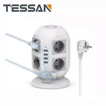 Удлинитель TESSAN Tower Вертикальная защита от перенапряжения Вилка европейского стандарта Несколько розеток с переключателем 8 розеток 4 порта USB Удлинительный кабель длиной 2 м 8 Outlets & 4 USB Ports серый