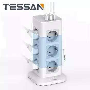 Удлинитель TESSAN Tower, вертикальная розетка европейского стандарта с несколькими розетками и розетками 3/12, 3 порта USB, удлинительный кабель 1,5 м/2 м, защита от перенапряжения для дома