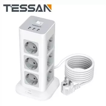 Удлинитель TESSAN Tower, вертикальная розетка с несколькими вилками и переключателем, розетки 8/12, 3 порта USB, кабель 2 м, защита от перенапряжения для домашнего офиса 8 Outlet & 3 USB Ports серый