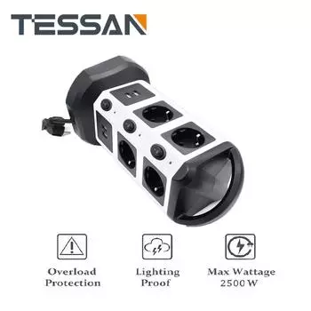 Удлинитель TESSAN Tower, вертикальная защита от перенапряжения, 6/10/14 розеток европейского стандарта с защитой от перегрузки USB, удлинитель 2 м