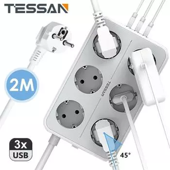 Удлинитель TESSAN, вилка EU KR, розетка с 4/6/8 розетками, 3 USB-порта, переключатель, кабель 2 м, настенная электрическая розетка
