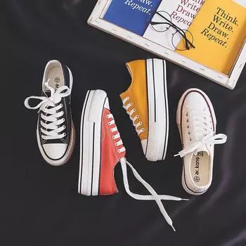 Удлиняющая парусиновая обувь. Новые женские туфли в корейском стиле. Базовые тканевые туфли на толстой подошве. Весенние маленькие белые женские трендовые туфли. 35 белый