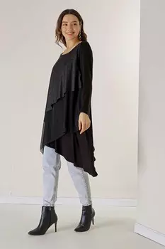 Удобная асимметричная блузка из лайкры с кожаной отделкой спереди