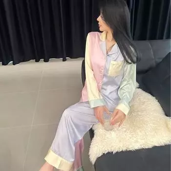 Удобная атласная двухсекционная повседневная пижама Ice Silk, женская пижама с V-образным вырезом M
