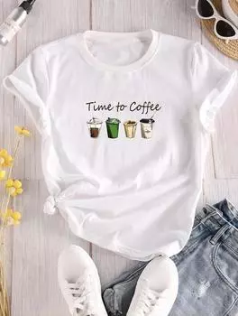 Удобная белая футболка с круглым вырезом, короткими рукавами и минималистичным принтом для женщин S