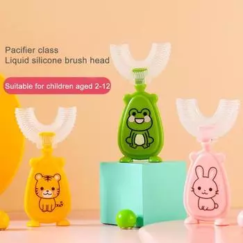 Удобная детская зубная щетка. Безопасное использование. Силиконовая детская зубная щетка U-образной формы на 360 градусов для ежедневного использования. Large жёлтый