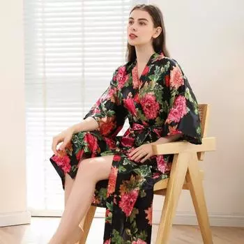 Удобная домашняя одежда для женщин, большой размер, искусственный шелковый кардиган, цветущий длинный халат, модный темперамент, элегантный One size
