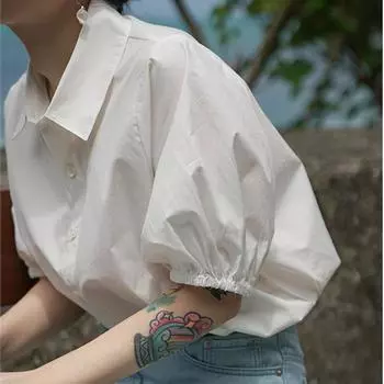 Удобная и универсальная белая рубашка с коротким рукавом, женская рубашка Petite, узкие топы с рукавами-фонариками, дизайн Sense Niche Temperament, элегантный модный топ S белый