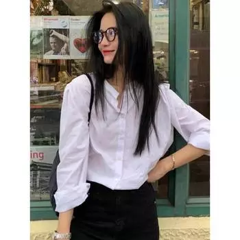 Удобная и универсальная белая рубашка с круглым вырезом, женская блузка с длинными рукавами, ретро-дизайн, Sense Niche Bubble Ins, темперамент, элегантный модный топ S белый
