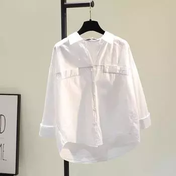 Удобная и универсальная яркая белая рубашка с фальшивыми карманами, женская свободная повседневная рубашка, тонкая блузка, прилив, женский темперамент, элегантный модный топ S белый