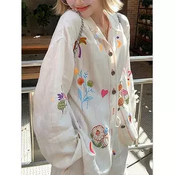 Удобная льняная хлопковая вышитая блузка на пуговицах для женщин и девочек, шикарный цветочный длинный рукав, свободный повседневный M белый