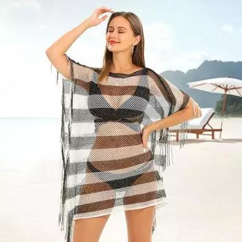 Удобная накидка на бикини из полиэстера, 1 шт., стильная шаль с кисточками и защитой от солнца