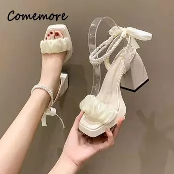 Удобная обувь для женщин, босоножки с жемчугом, женский бежевый, увеличивающий высоту, блочный каблук, универсальный, черный бант 2024 года, модный, массивный 35 бежевый