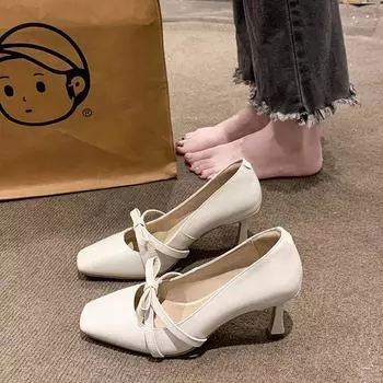 Удобная обувь для женщин Сандалии с ремешками Мэри Джейн Прозрачный каблук Небольшой костюм Женский бежевый квадратный носок Бантик Резинка Стилет 35